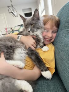 A girl holding a cat on her lap.