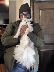 A person holding a white cat in their arms.