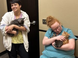 Two women holding cats in their arms.